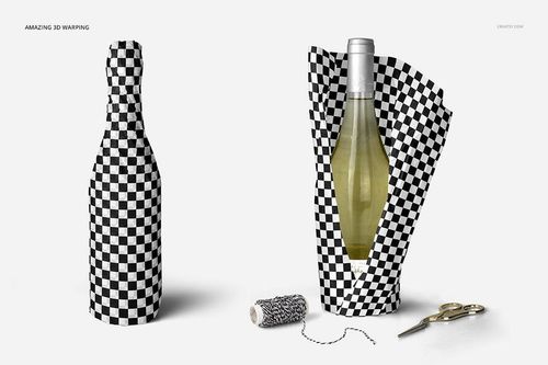 Wine wrapping tissue paper mockup showing a bottle fully wrapped and another bottle partially revealed, checkered pattern.