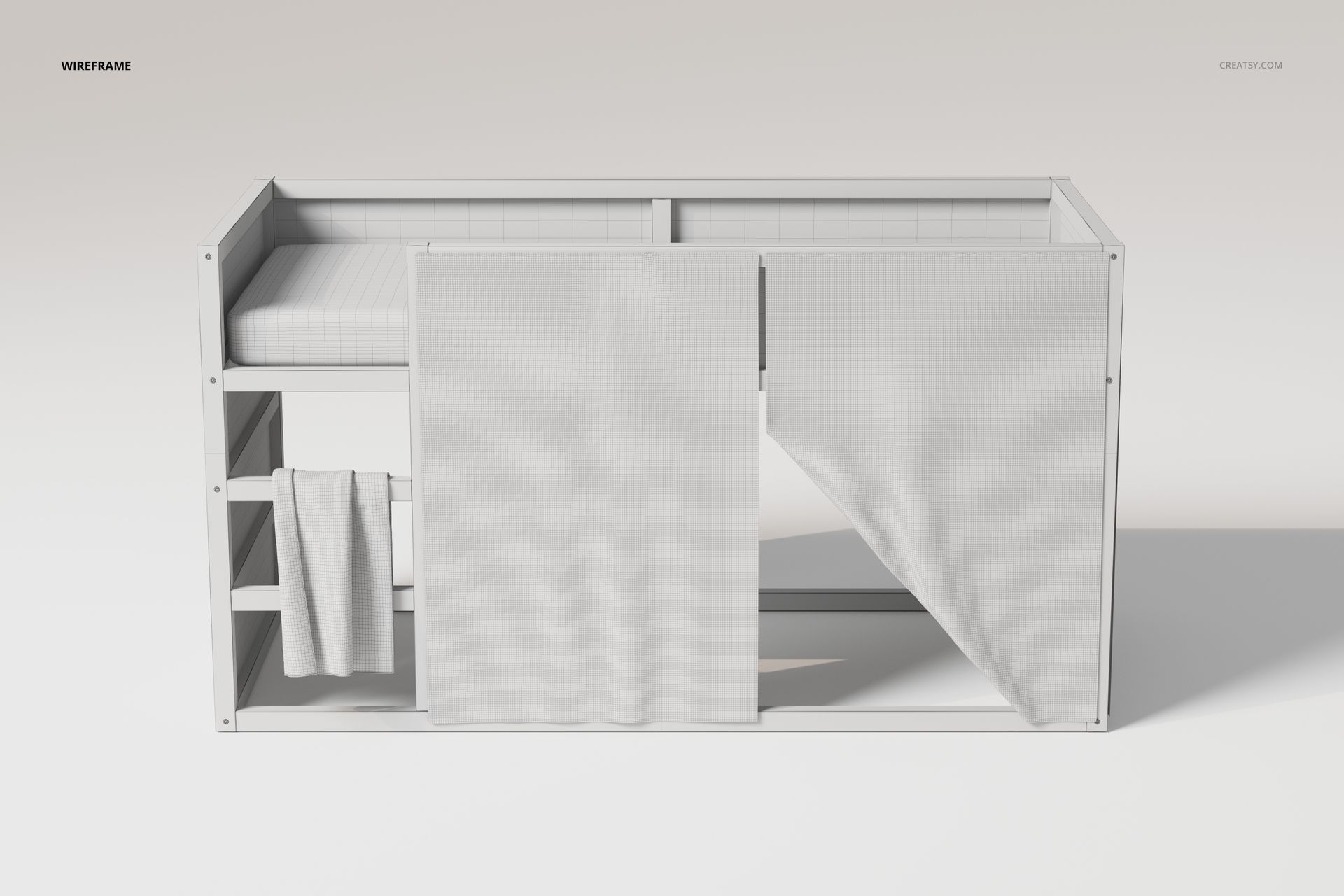 Front view of a reversible bunk bed set in white, featuring shelving on the left and draped curtains on the right.