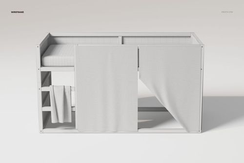 Front view of a reversible bunk bed set in white, featuring shelving on the left and draped curtains on the right.
