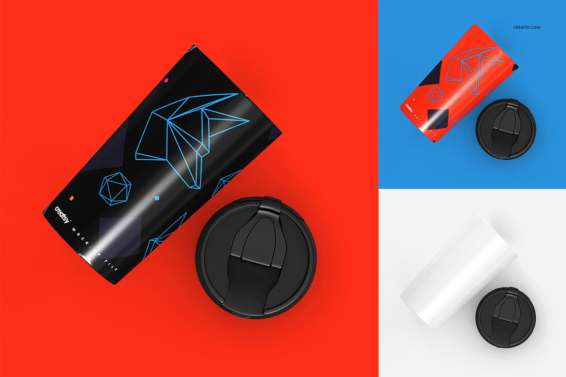 Stainless steel tumbler mockup set featuring a black tumbler with geometric blue designs and a detached black lid, shown from a top view on vibrant colored backgrounds.