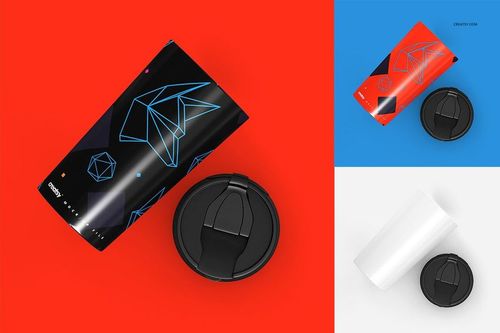 Stainless steel tumbler mockup set featuring a black tumbler with geometric blue designs and a detached black lid, shown from a top view on vibrant colored backgrounds.