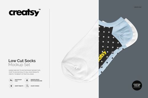 Adult low cut socks mockup featuring a black section with white stars and light blue heel and toe, shown flat.