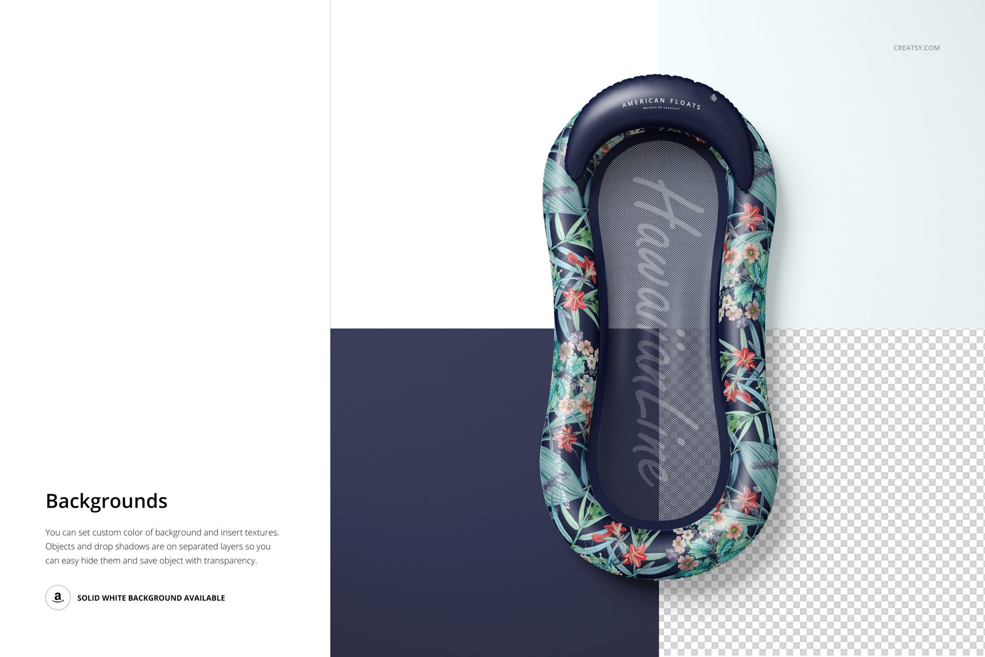 Top view of a mockup inflatable pool lounger float featuring a blue and floral design on a divided background.