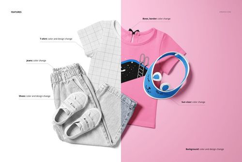 Kids T-shirt and jeans mockup featuring a flat lay of a white grid-patterned shirt, light gray jeans, and white shoes on a split white and pink background.