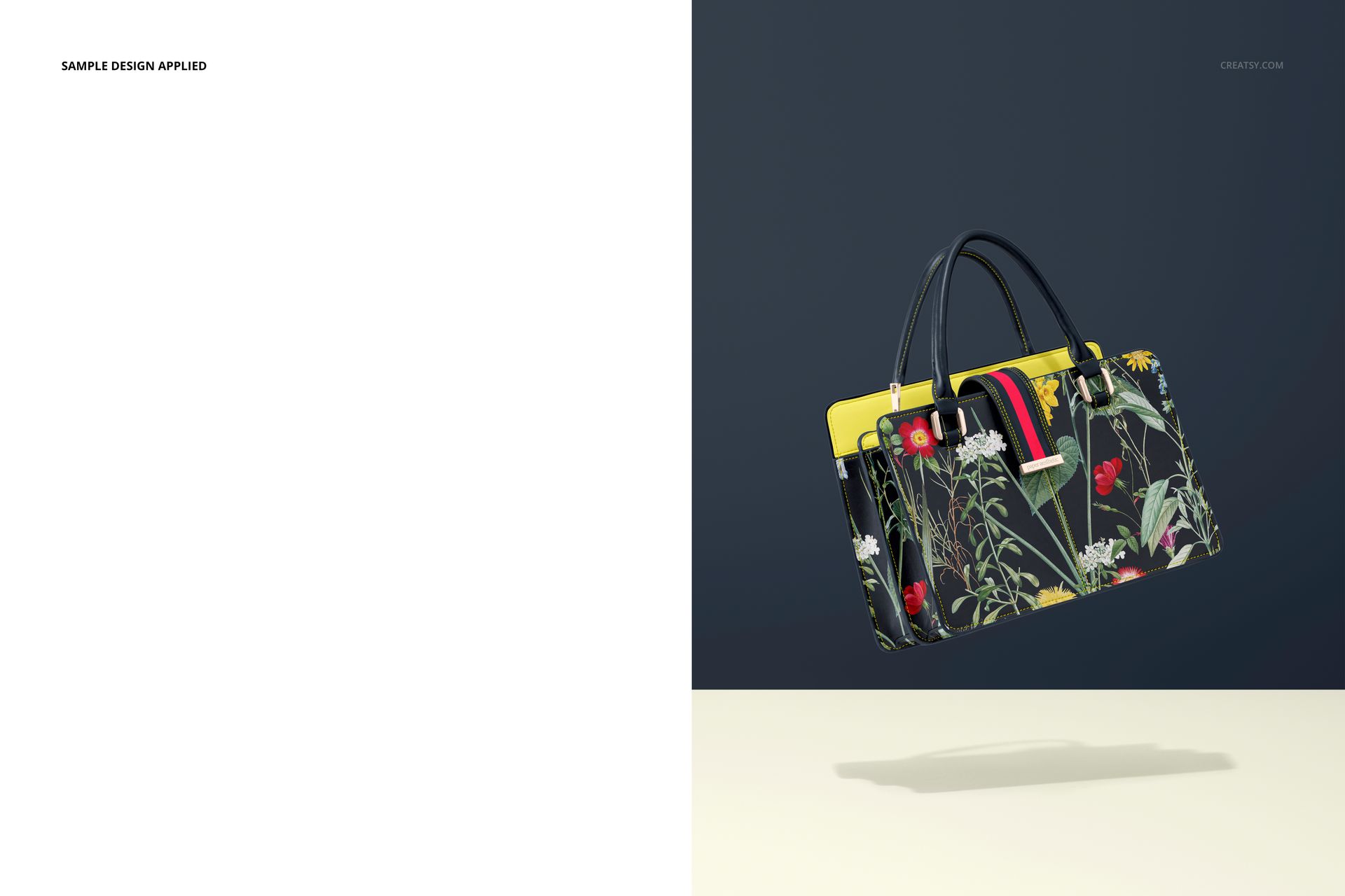 Leather handbag PSD mockup with floral design, yellow trim, and black handles, shown from the front on a neutral surface.