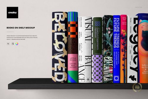 Front view of nine hardcover books with colorful and patterned spines arranged upright on a black shelf in a mockup scene.
