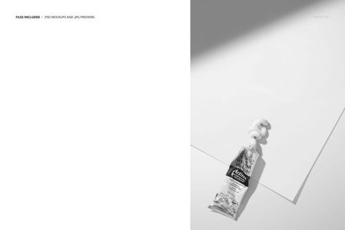 PSD mockup featuring a paint tube and artistic paper, with shadows and a clean, monochrome background.