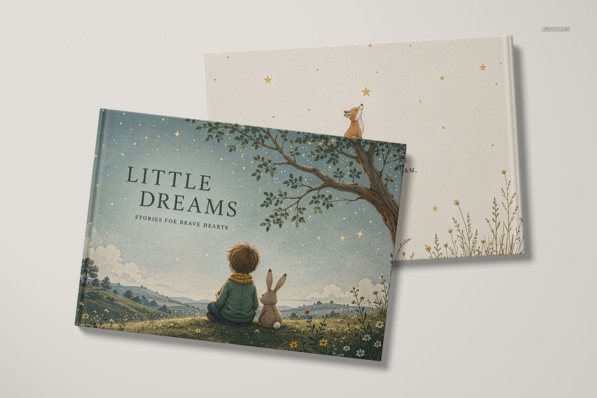 A4 landscape book mockup showing two books, one with an illustrated cover of a child and rabbit under a tree, front view.
