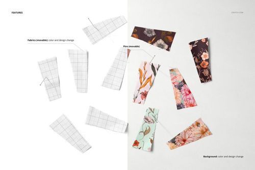 Fabric mockup set showing several textile samples with vibrant patterns and neutral tones, displayed from above.