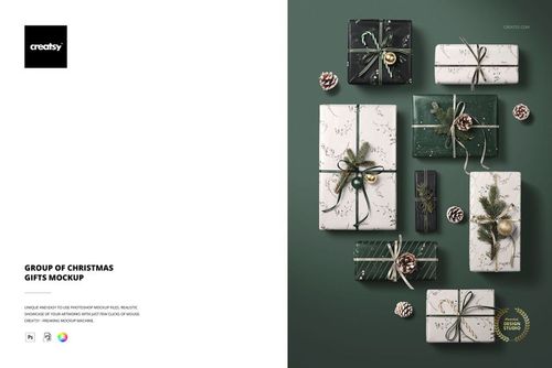 PSD mockup showing eight rectangular Christmas gifts with assorted wrapping, ribbons, and holiday ornaments on a green background.