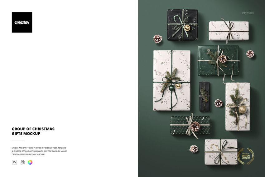 PSD mockup showing eight rectangular Christmas gifts with assorted wrapping, ribbons, and holiday ornaments on a green background.