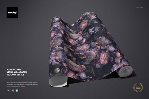 Front view of a non-woven vinyl wallpaper mockup with a realistic floral design in soft purple and pink hues.