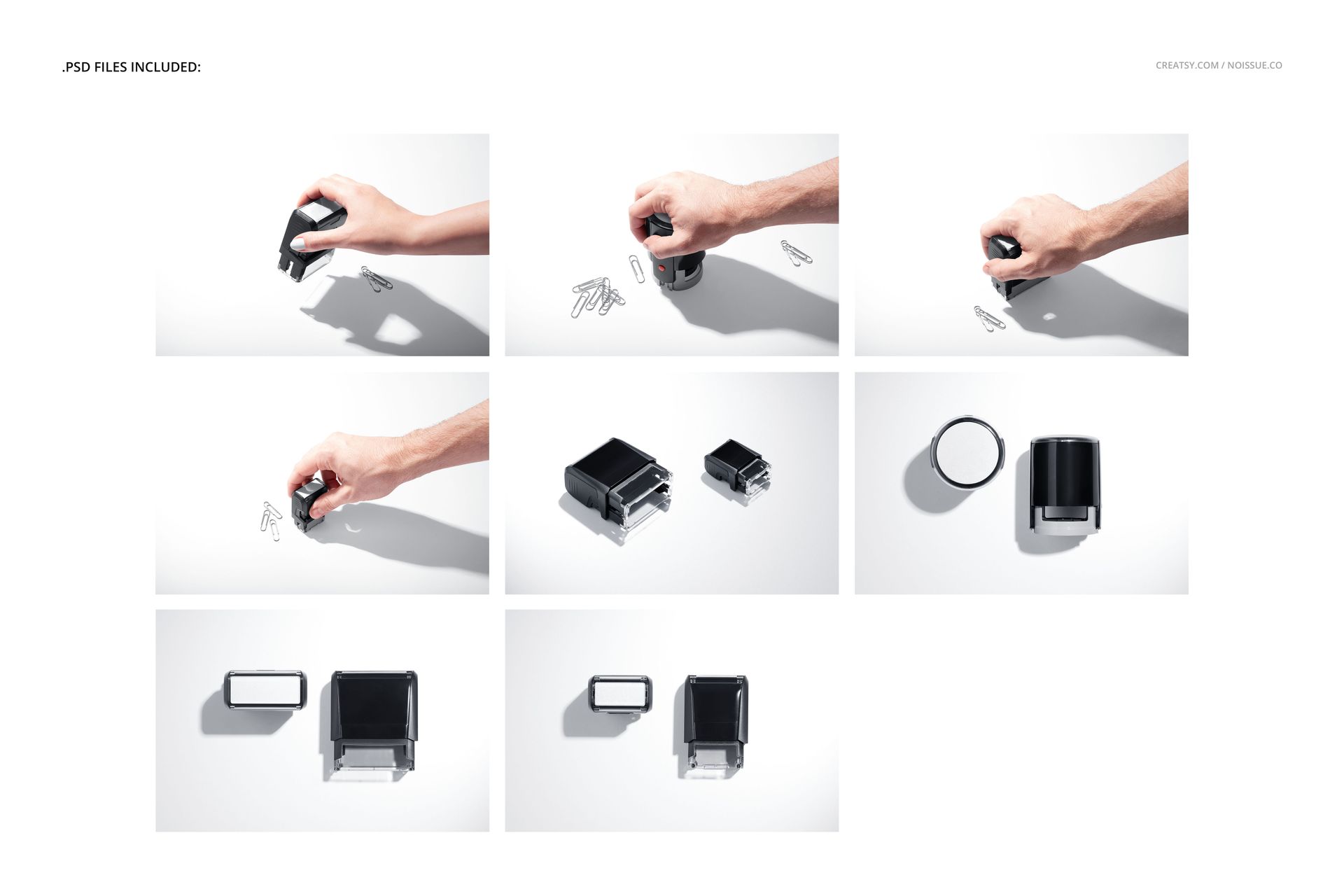Multiple views of black self-inking stamps mockup, including close-ups and top views, with paper clips as props.