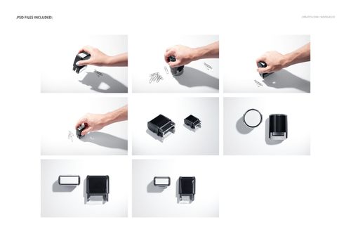 Multiple views of black self-inking stamps mockup, including close-ups and top views, with paper clips as props.