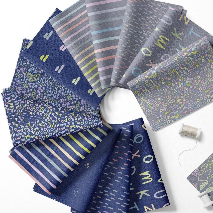 Folded fabric swatches mockup featuring ten patterned textile samples arranged in a circle on a light surface.