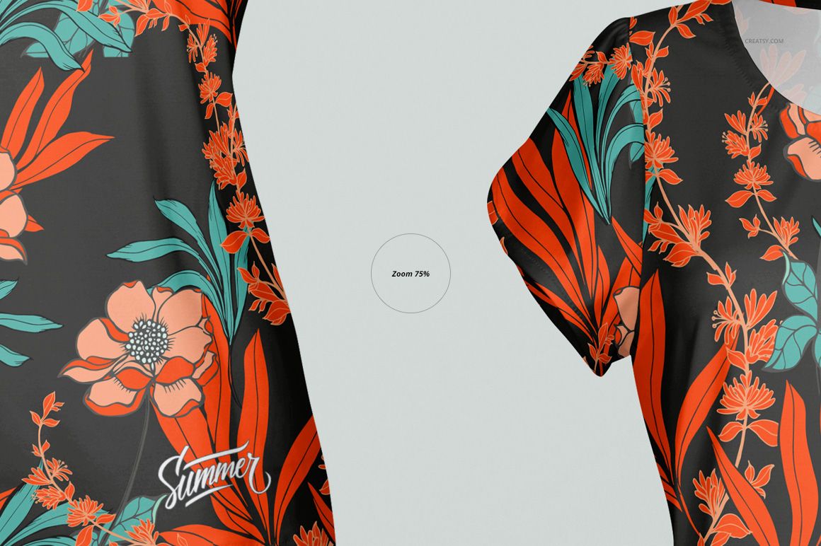 Front view of a women's blouse mockup with split sleeves, featuring a bold floral pattern in orange and teal on black.