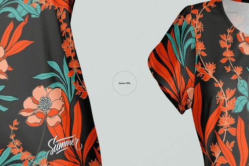 Front view of a women's blouse mockup with split sleeves, featuring a bold floral pattern in orange and teal on black.