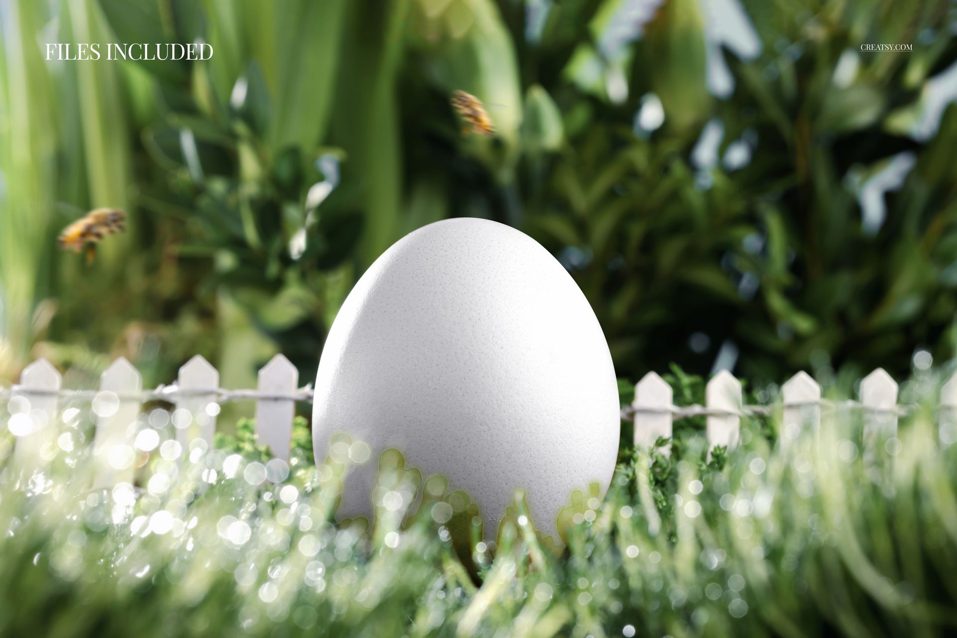 White Easter egg mockup standing upright in a spring garden with green grass, plants, and a white fence.