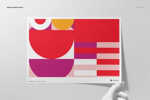 A3 fine art print mockup featuring abstract geometric shapes in red, pink, yellow, and white on textured paper.