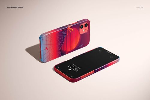 Mockup of iPhone 12 cases with a retro-inspired sunset artwork, one phone lying flat and one standing upright.
