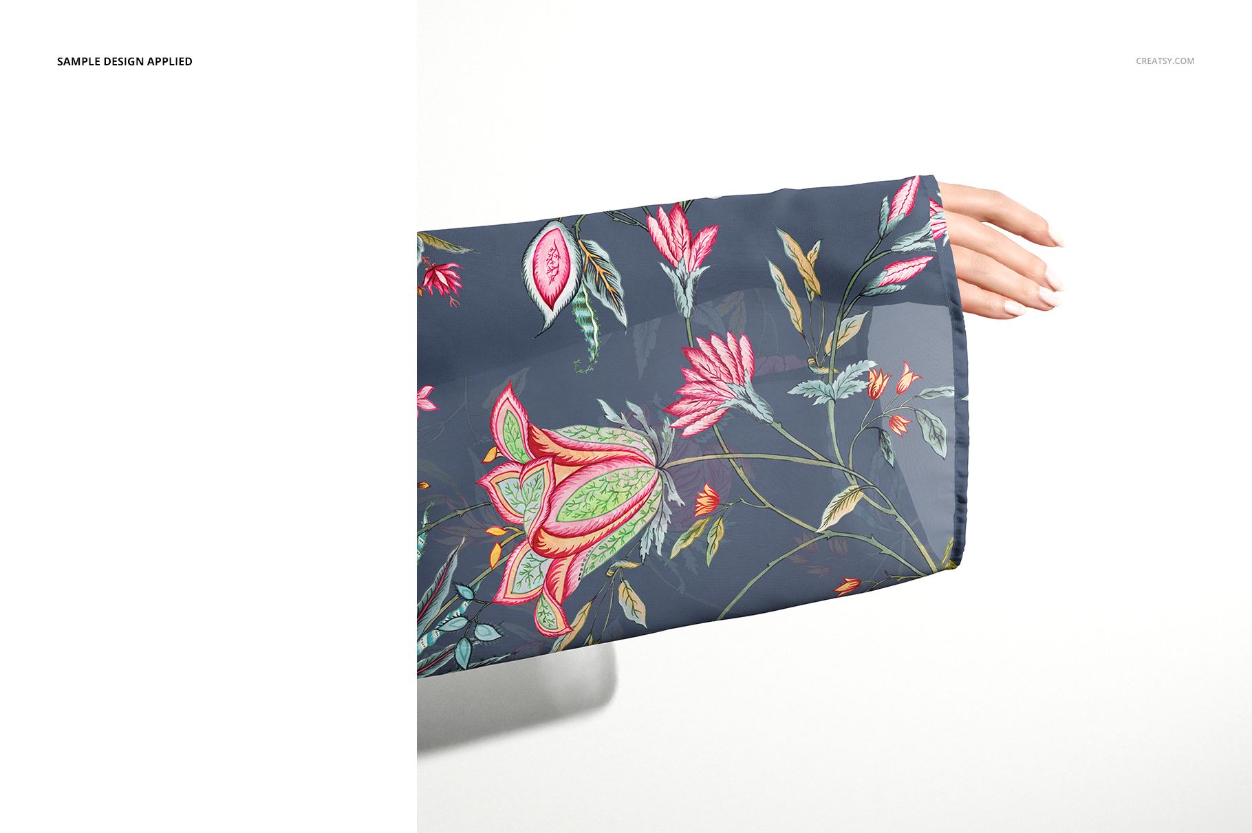 PSD mockup showing a close-up of a chiffon kimono sleeve featuring vibrant pink and green flower designs.