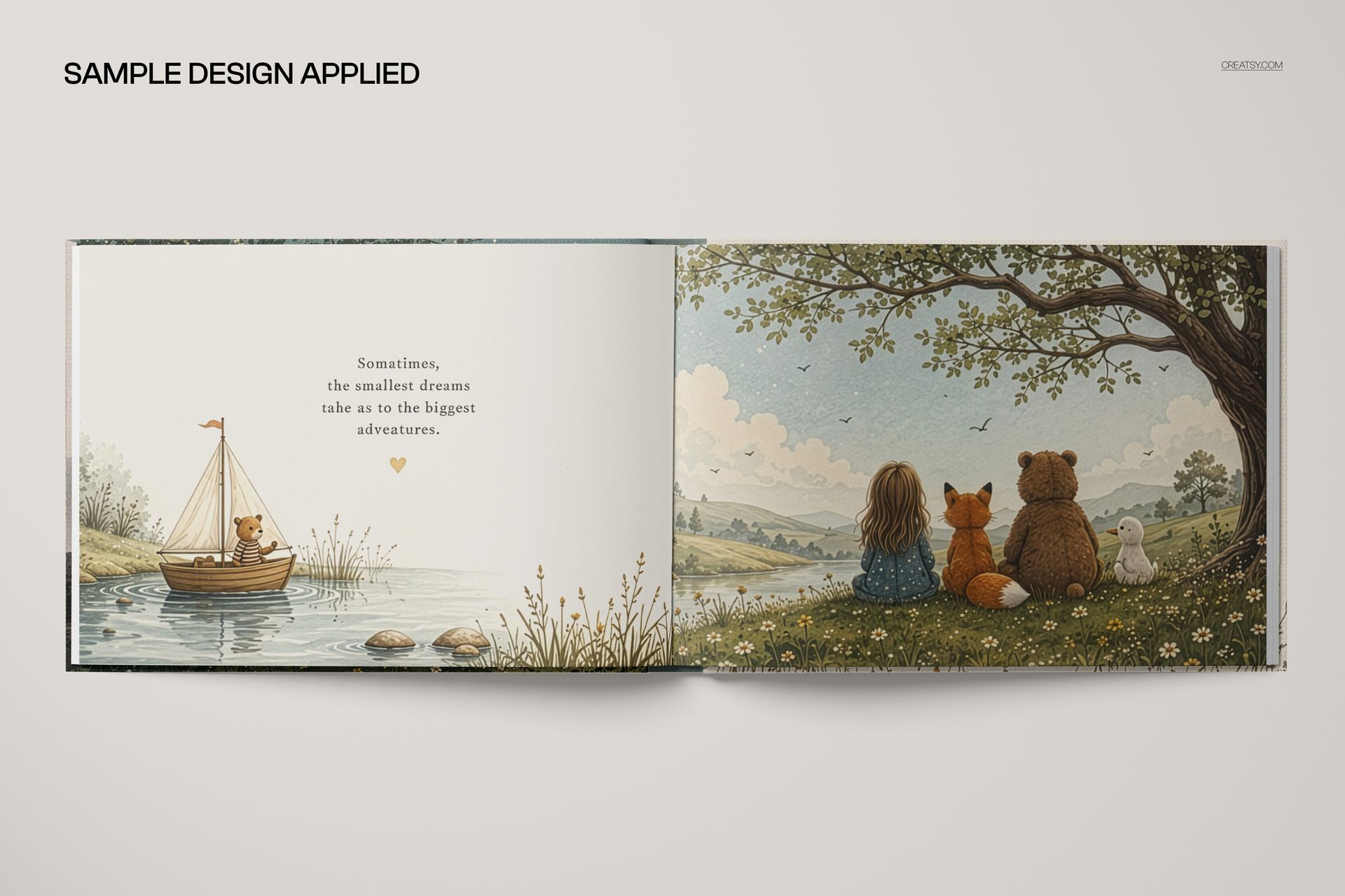 A4 landscape book mockup showing an open spread with illustrated pages featuring animals and nature scenes.