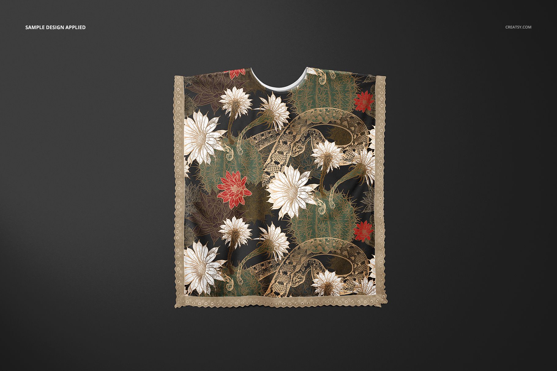Front view of a kaftan mockup with floral and leaf patterns in white, red, and green tones on a dark background.