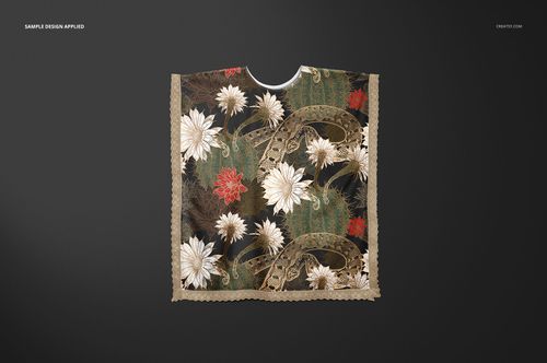 Front view of a kaftan mockup with floral and leaf patterns in white, red, and green tones on a dark background.