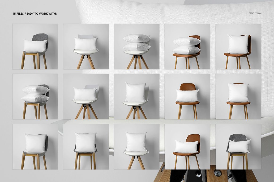 White pillow mockup set arranged on different chair styles, featuring front and side views in a neutral space.