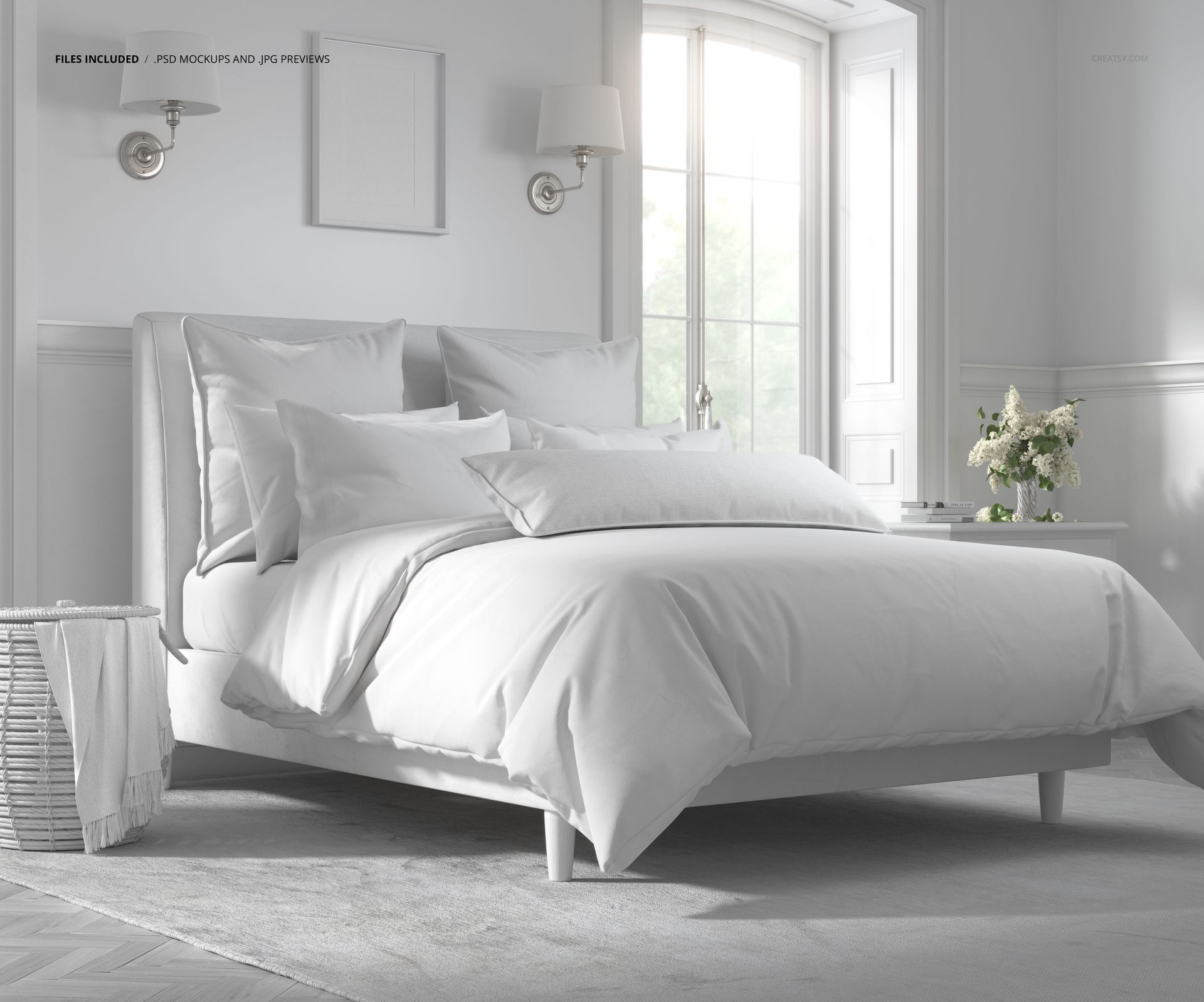 PSD mockup of a cozy bedroom setup with white bedding, decorative pillows, and minimalistic wall decor.