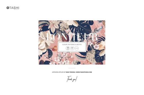 Floral-patterned cashmere scarf mockup displayed flat, featuring pink, cream, and navy botanical motifs.