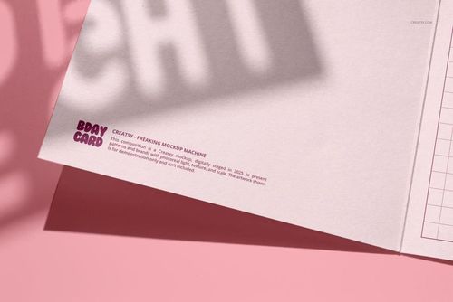 Open small square greeting card mockup on a pink surface, showing inside details and shadow overlay.