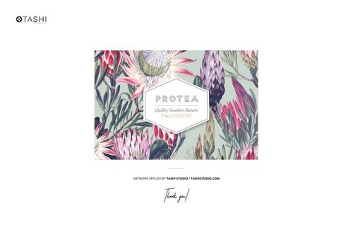 Front view of a fabric mockup featuring a botanical protea print in pink, green, and purple tones on a white backdrop.