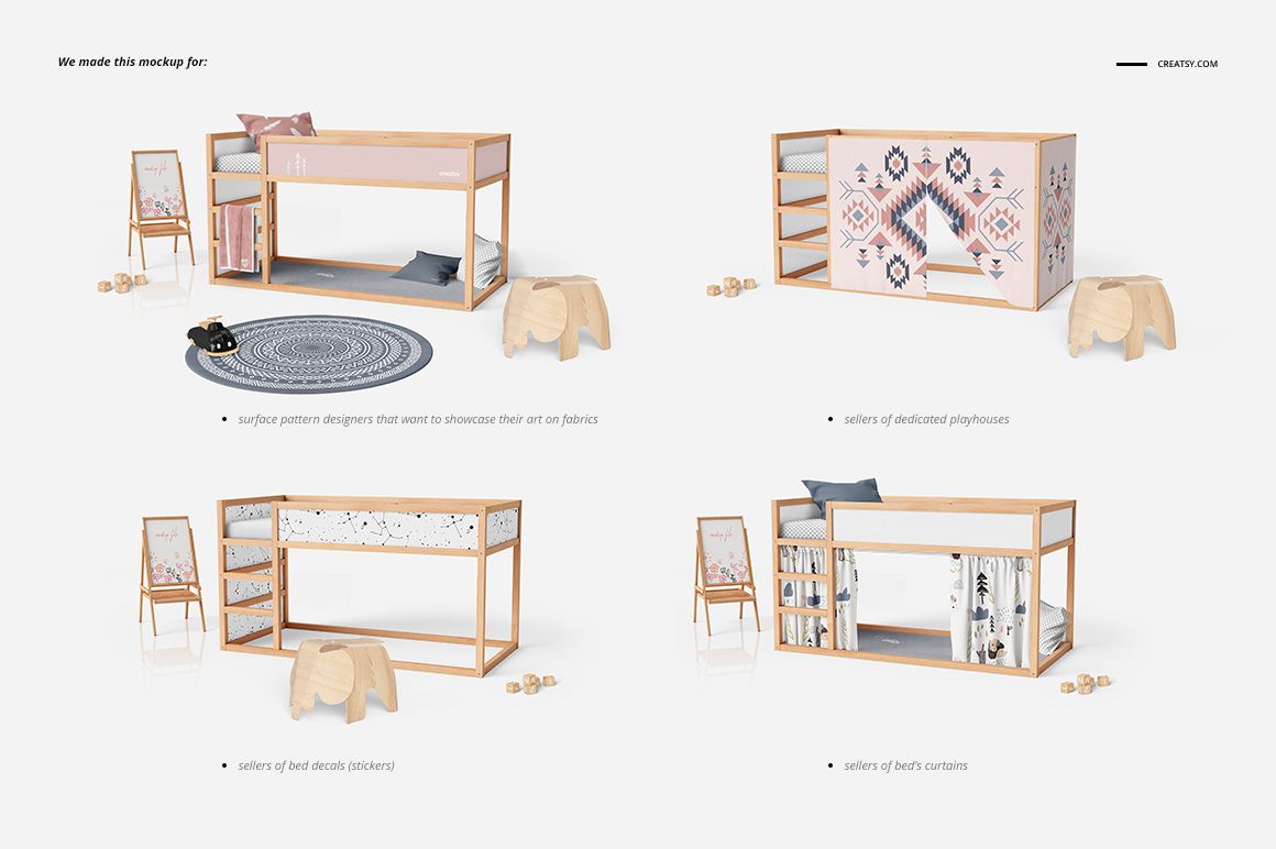 PSD mockup of a children's room with a modular wooden bunk bed, patterned bedding, and minimalist accessories.