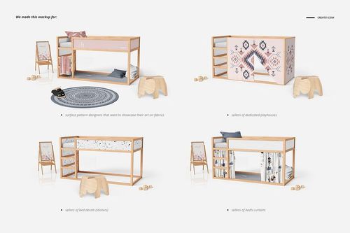 PSD mockup of a children's room with a modular wooden bunk bed, patterned bedding, and minimalist accessories.