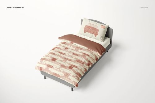 Kids bedding mockup featuring a single bed with car-themed patterns in beige and brown, viewed from above at an angle.