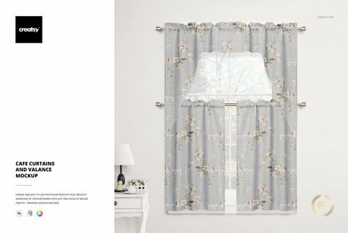 Cafe curtains and valance mockup featuring light gray fabric with delicate floral designs, styled on a window with gentle lighting.