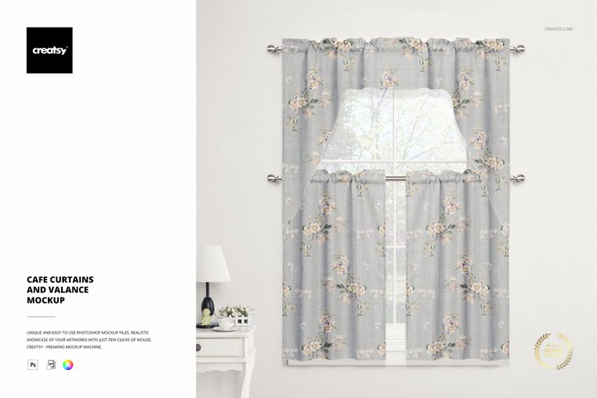 Cafe curtains and valance mockup featuring light gray fabric with delicate floral designs, styled on a window with gentle lighting.