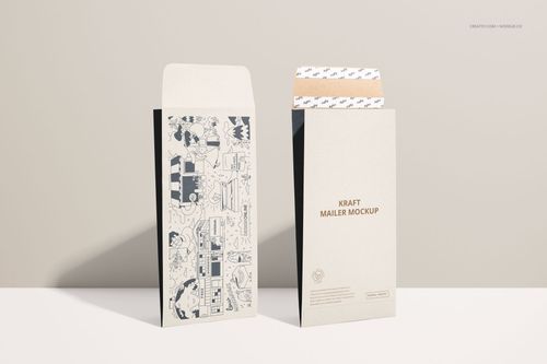 Kraft mailer PSD mockup set featuring patterned and blank mailers, shown from the front on a beige background.