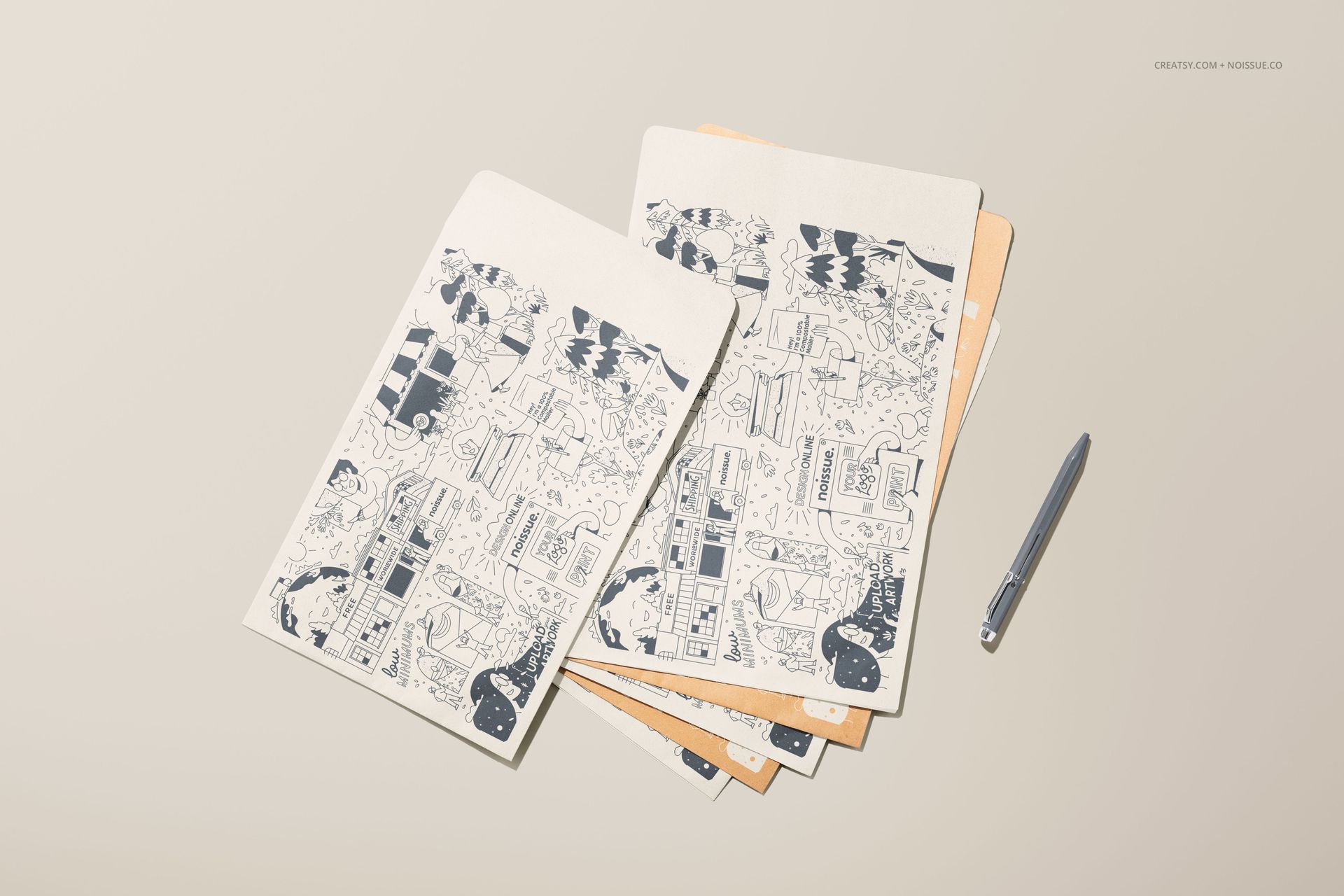 Noissue kraft mailer mockup featuring several envelope-style mailers with monochrome designs, shown from above.