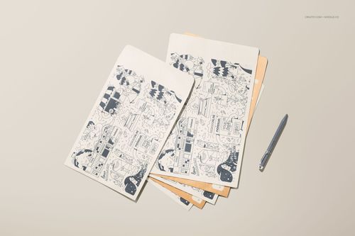 Noissue kraft mailer mockup featuring several envelope-style mailers with monochrome designs, shown from above.