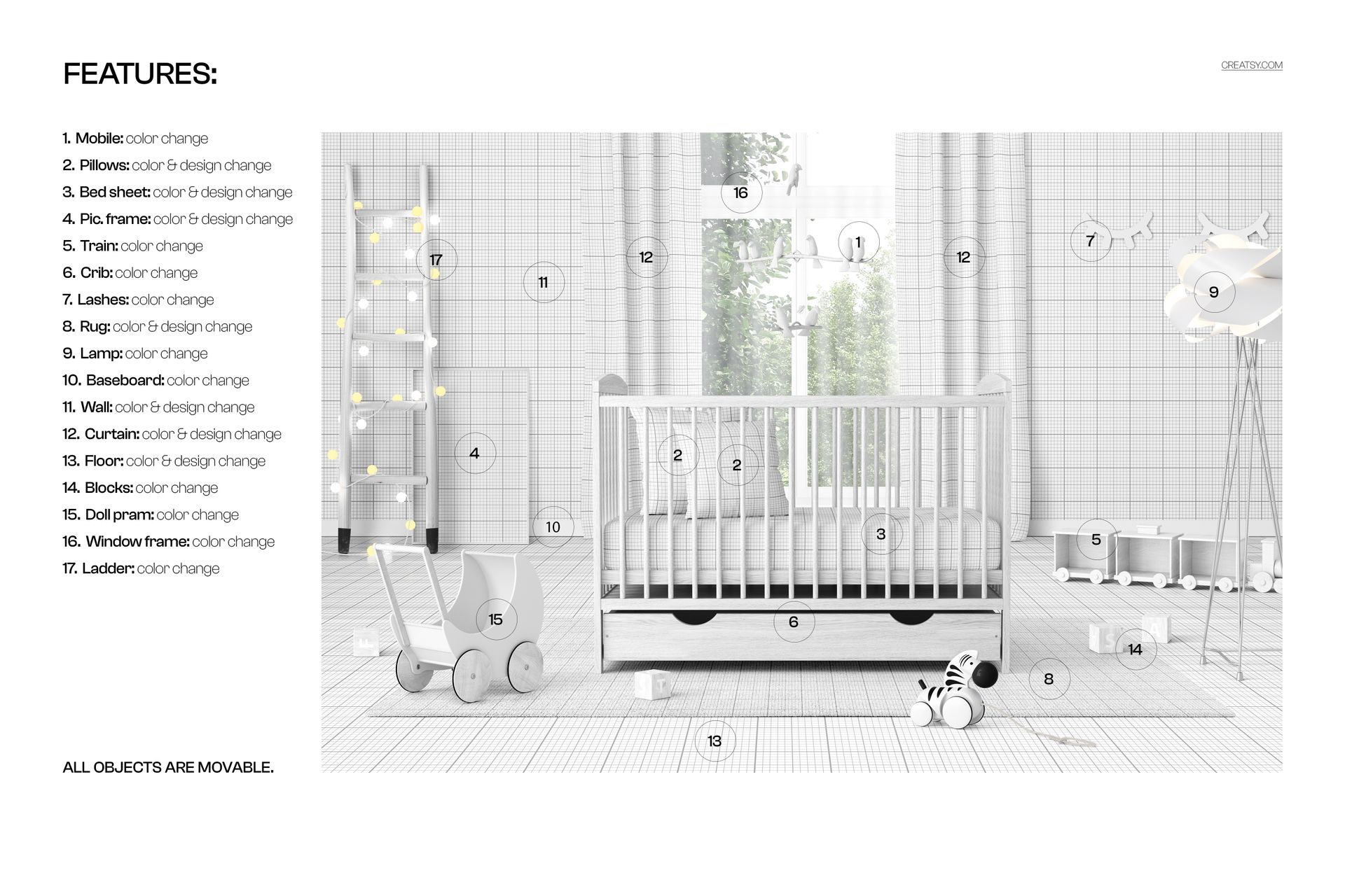 Wooden baby crib mockup with storage drawer in a bright nursery, featuring grid walls and playful accents.