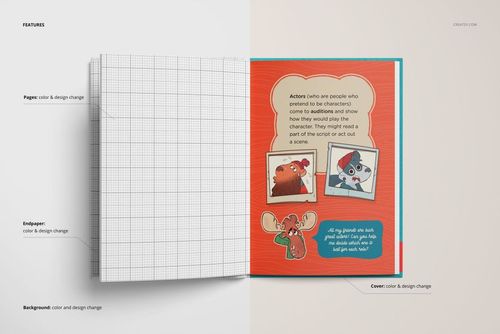 Open hardcover book mockup with a textured cloth cover, grid patterned left page, and illustrated right page in orange tones.