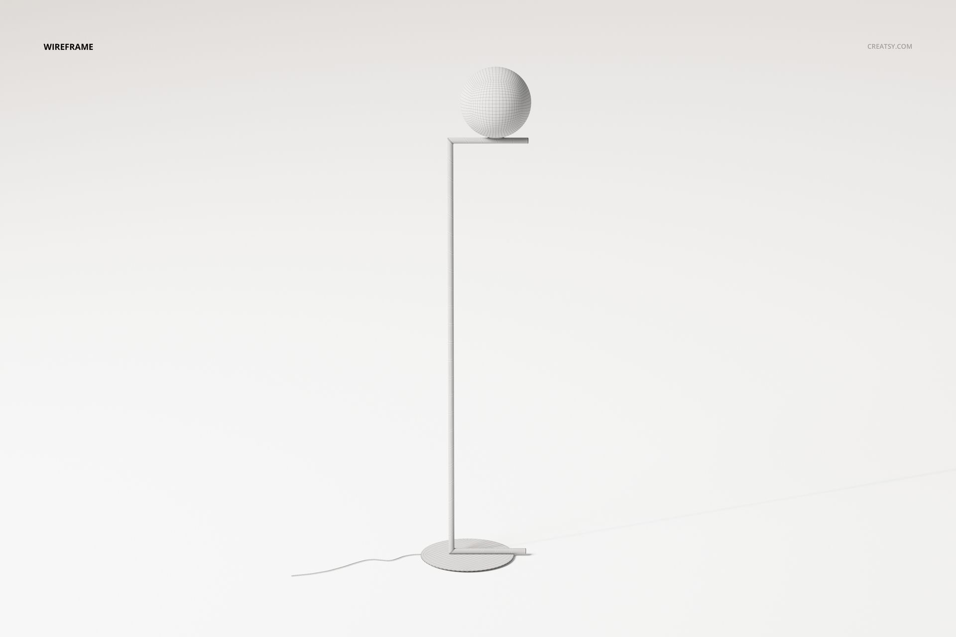 Minimalist sphere floor lamp with a round base and thin vertical stand, shown in a wireframe render on a light background.