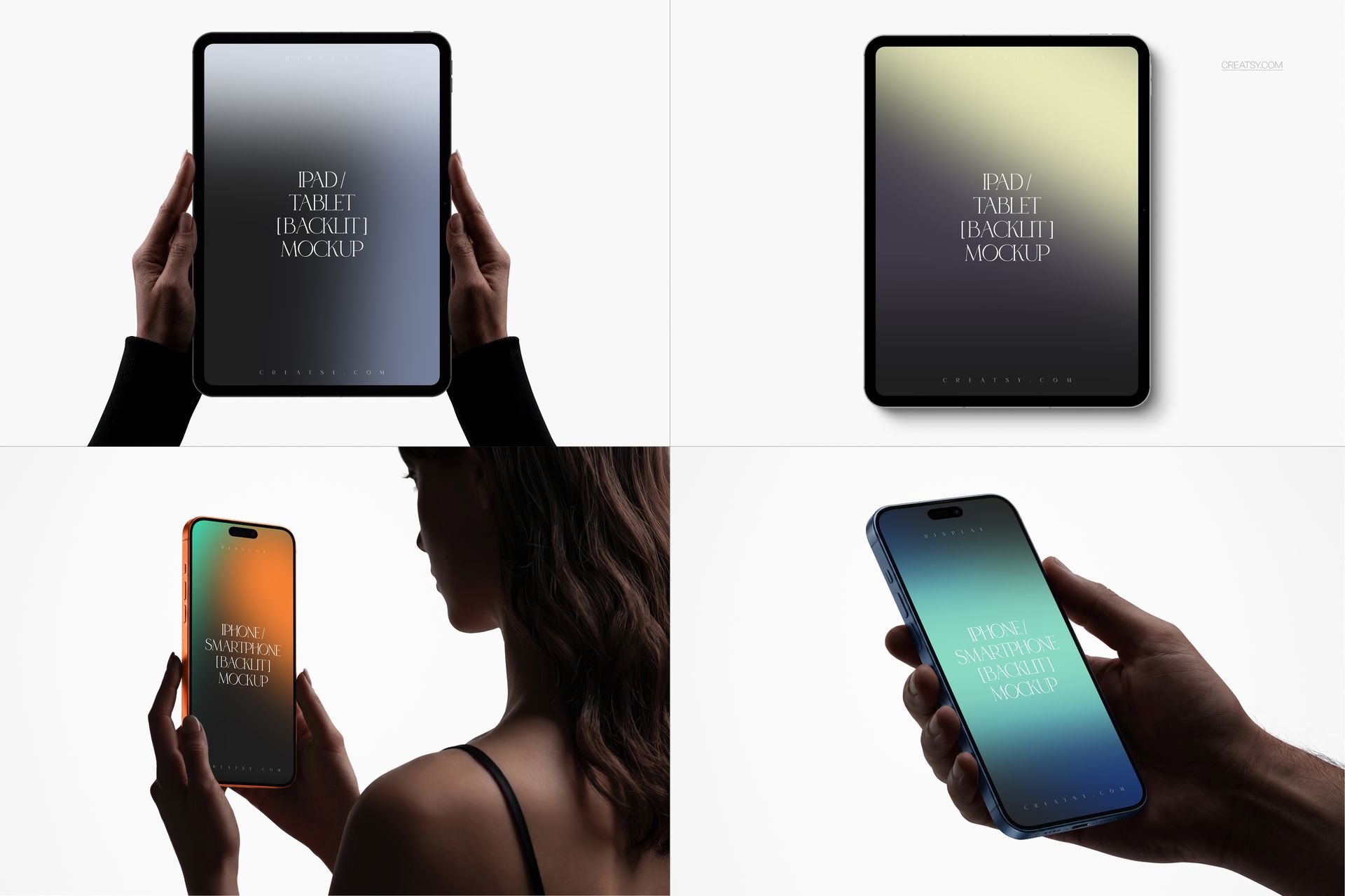 Hands holding a backlit iPad Pro and iPhone, with device screens displaying mockup text, shown from front view.