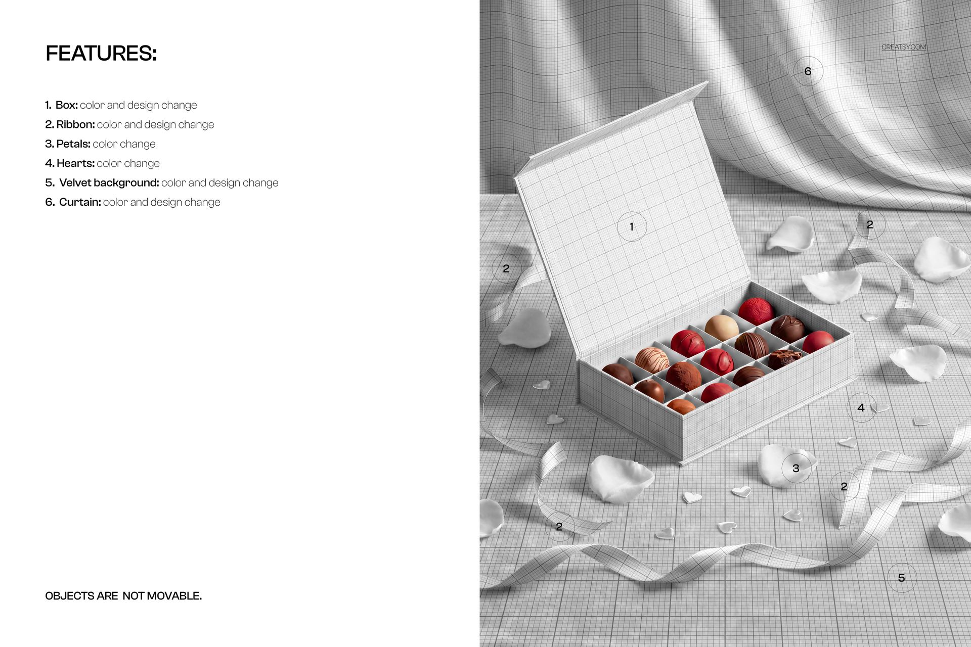 Assorted pralines arranged in an open chocolate box mockup, viewed from the front with scattered ribbon and petals.