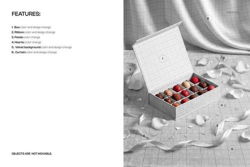 Assorted pralines arranged in an open chocolate box mockup, viewed from the front with scattered ribbon and petals.