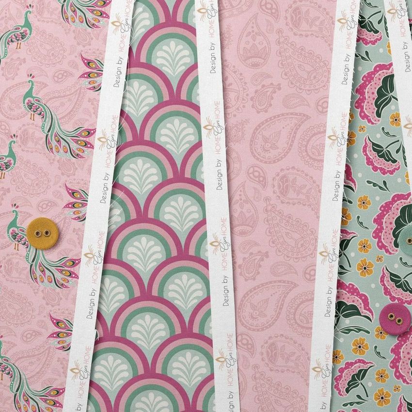Cotton fabric sample mockup displaying three patterned fabric strips in pink, green, and yellow tones with buttons as props.