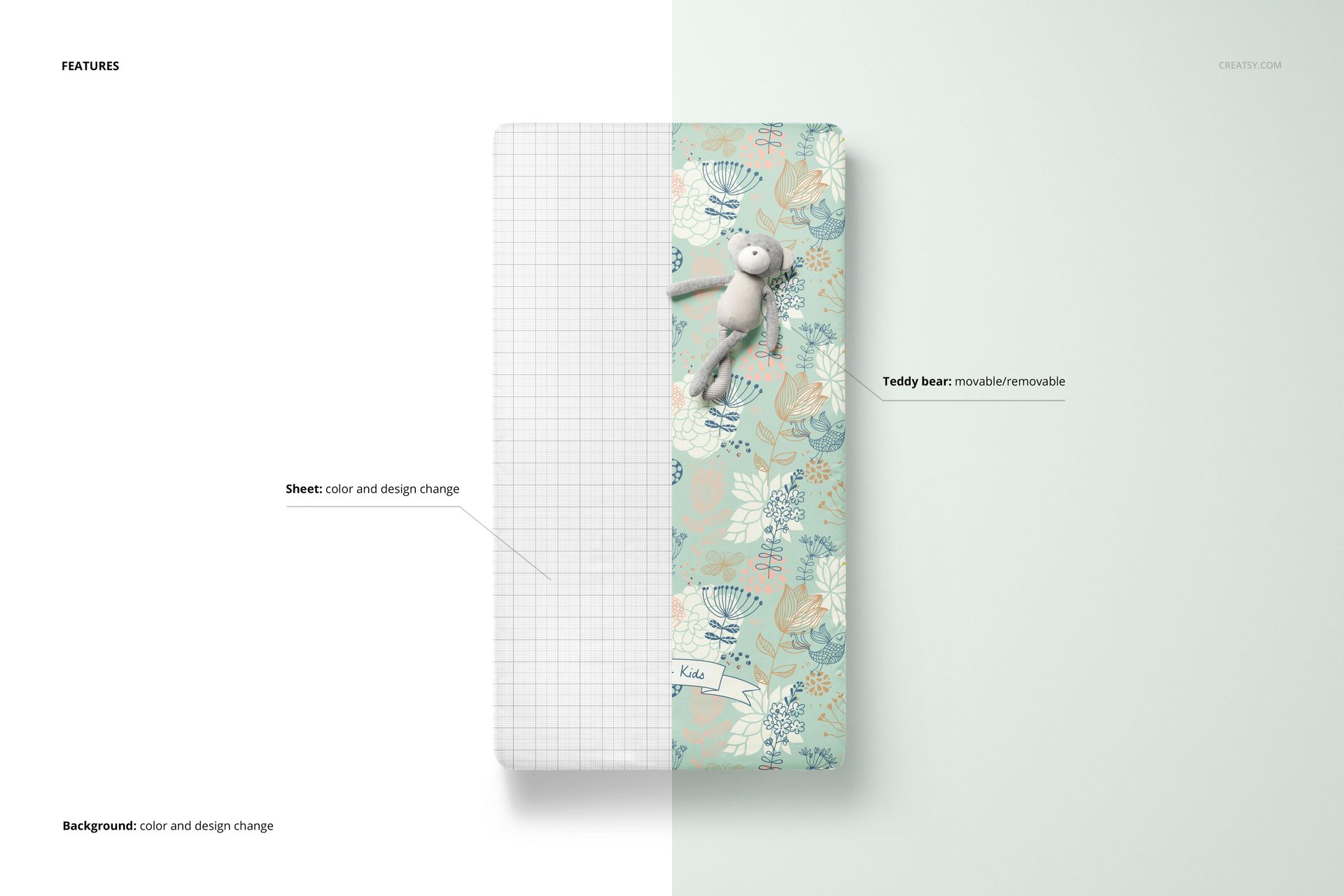 Top view of a crib sheet mockup with one half in a grid pattern and the other half in a floral design, featuring a plush toy.