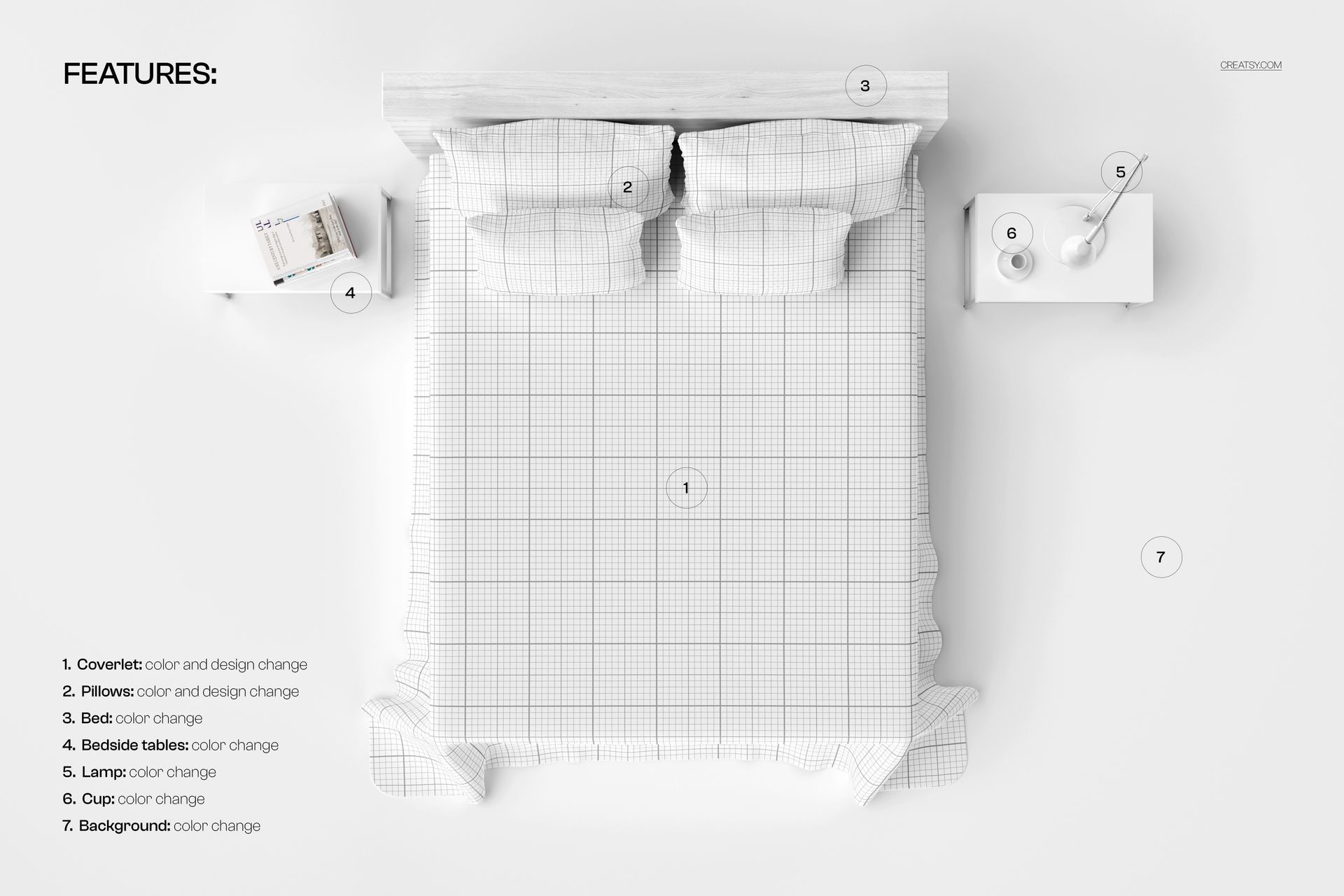 Top view of a plain bed coverlet mockup on a double bed with two pillows, bedside tables, and minimal decor.